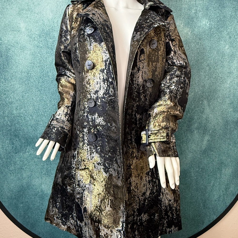 Black and Gold Artistic Trench Coat with Metallic Sheen